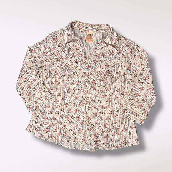 Faded Glory Floral Button Up Shirt Stretch Cotton Blend 3/4 Sleeve Size 16W - Picture 10 of 10
